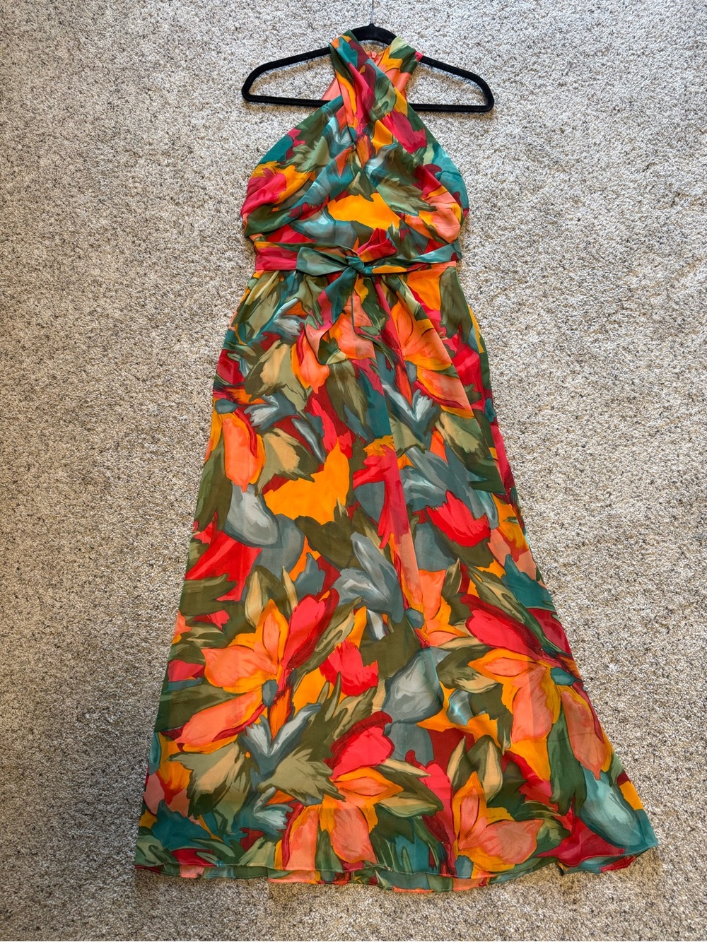 London Times Yellow, Red & Green Floral Halter Maxi Dress
